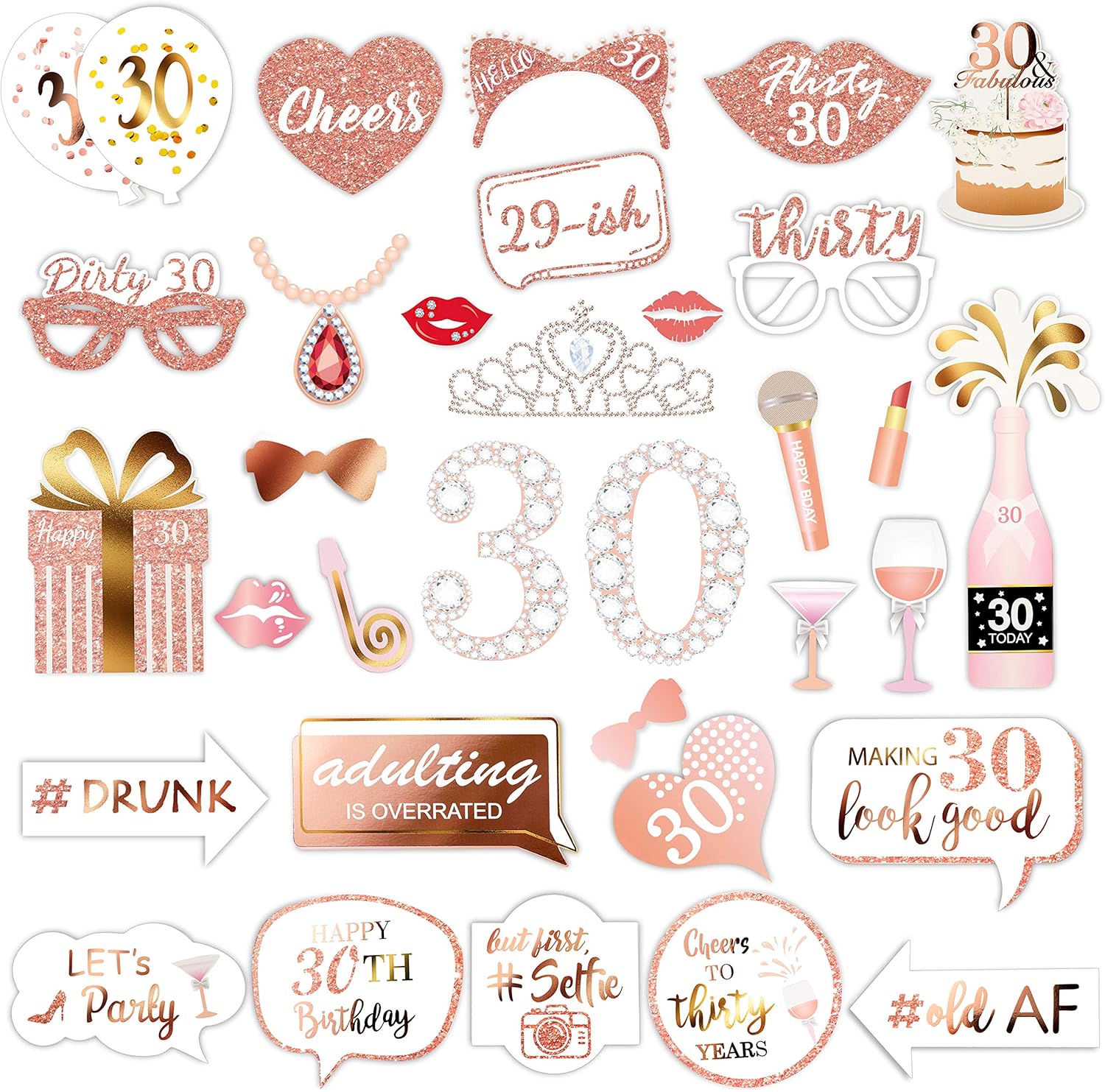 Rose Gold 30th Birthday Photo Booth Props Kit 32 Count