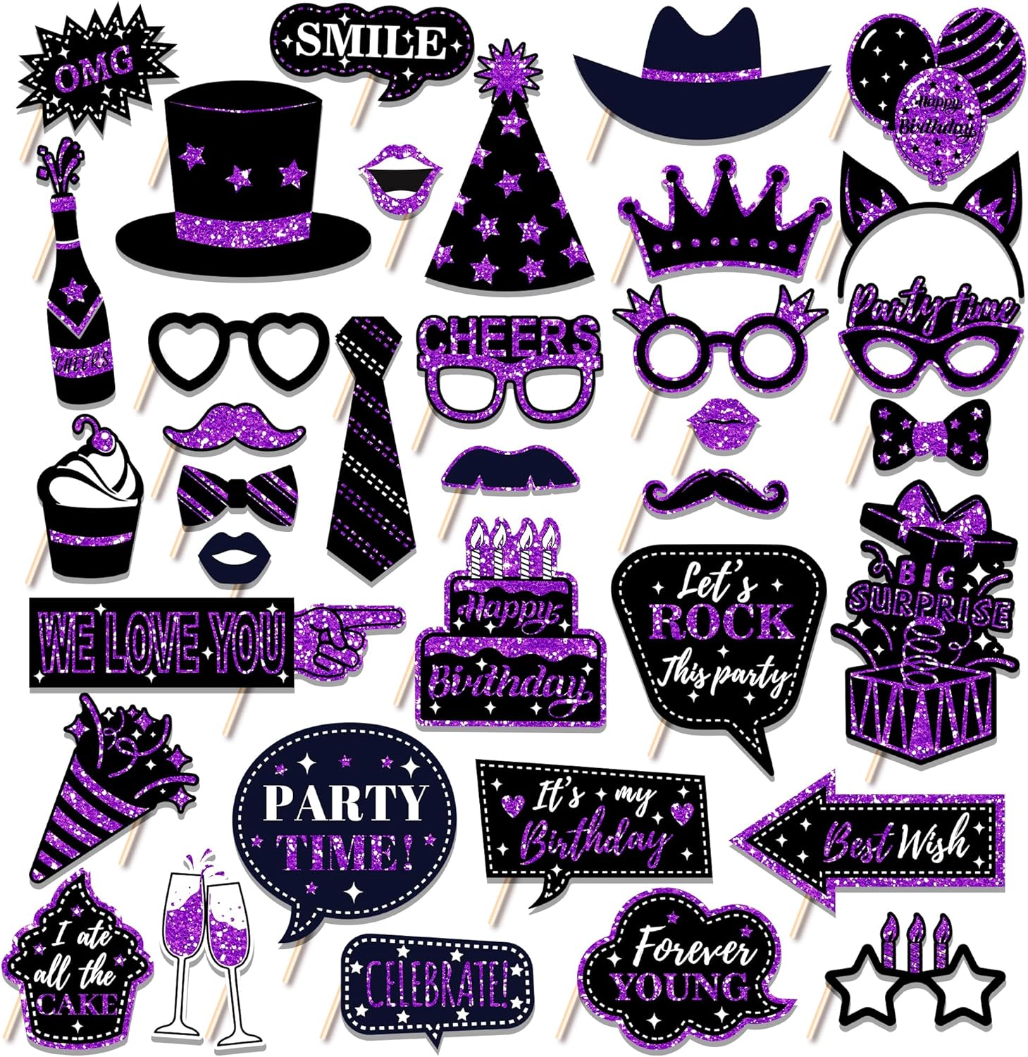 36 Piece Birthday Photo Booth Props Set Purple Black