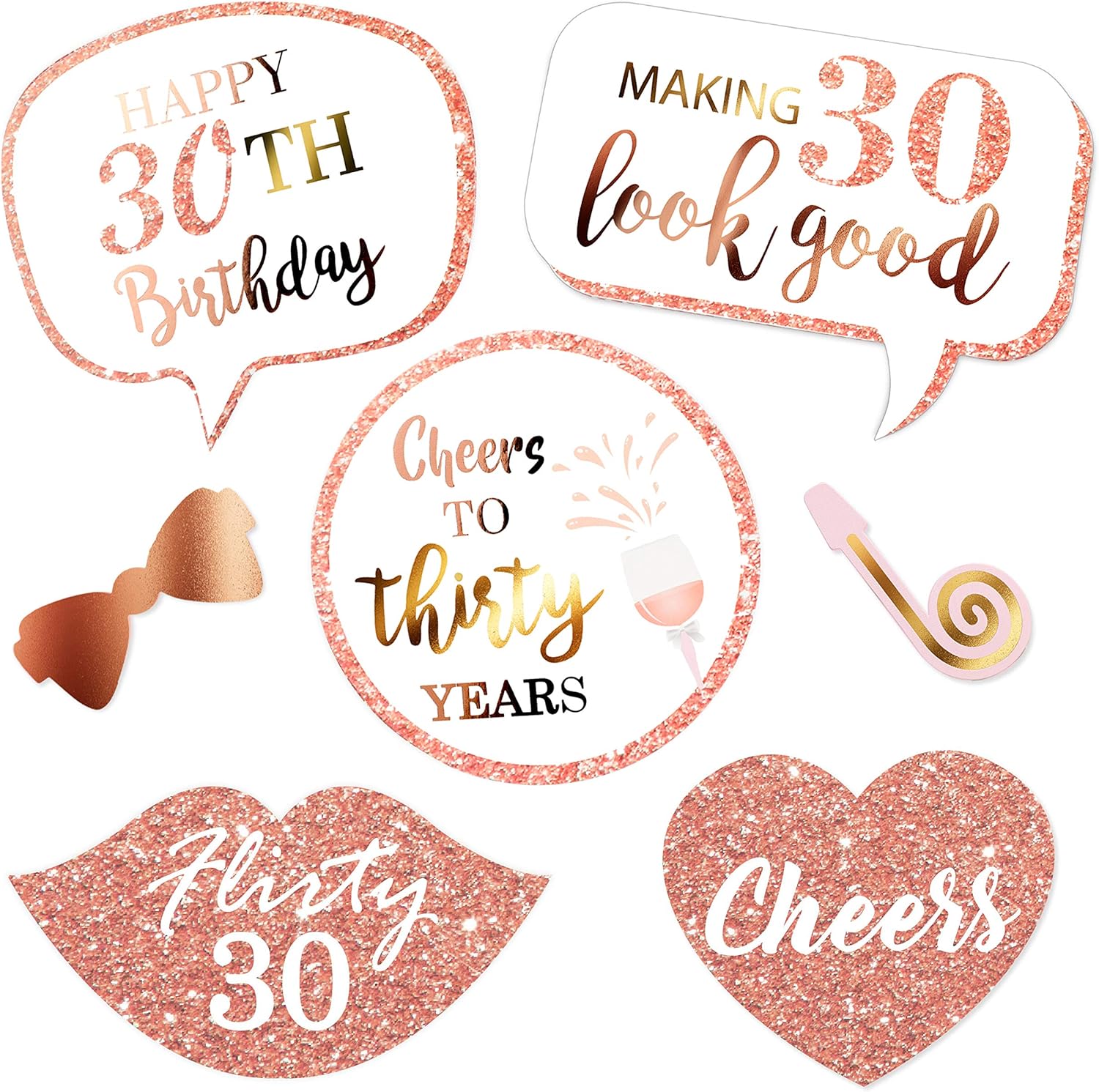 Rose Gold 30th Birthday Photo Booth Props Kit 32 Count