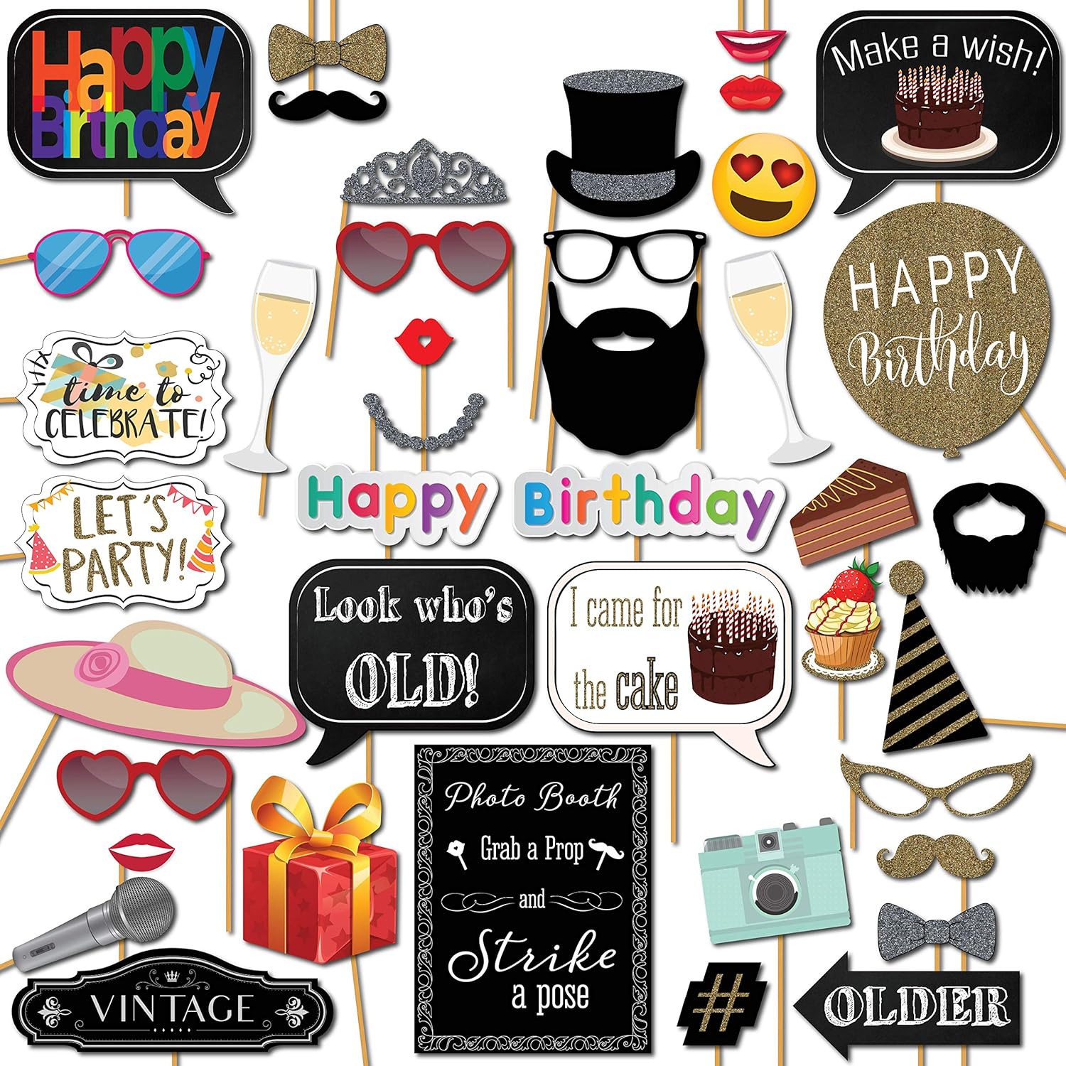 Birthday Photo Booth Props - 41pc Kit with 8x10 Sign