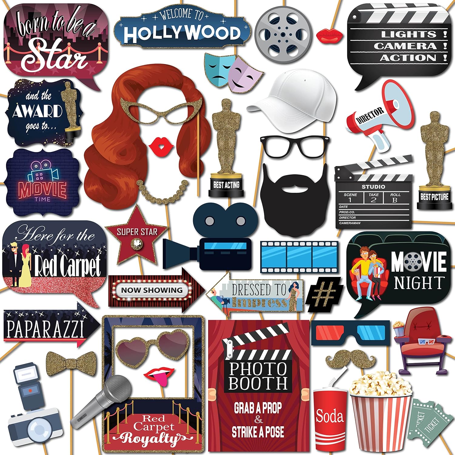 Hollywood Photo Booth Props - 41-Piece Set with Sign and Sticks