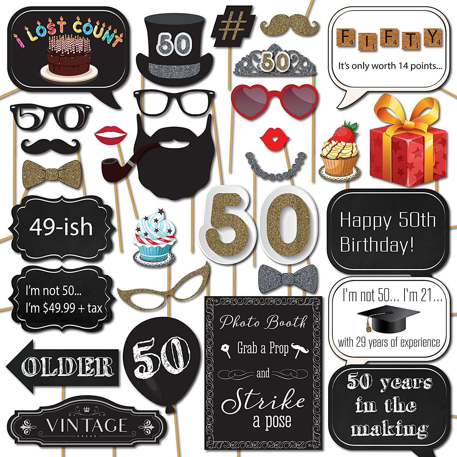 50th Birthday Photo Booth Props Set 31-Piece