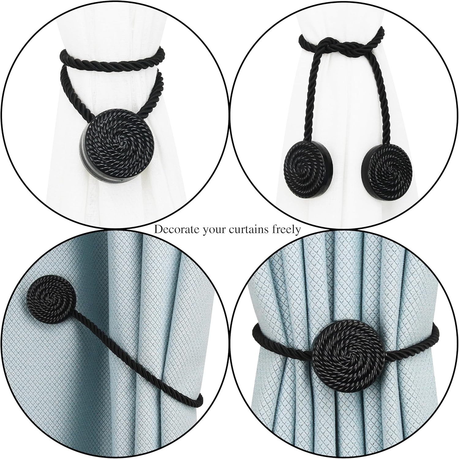 Black Magnetic Curtain Tie Backs 4 Pack
