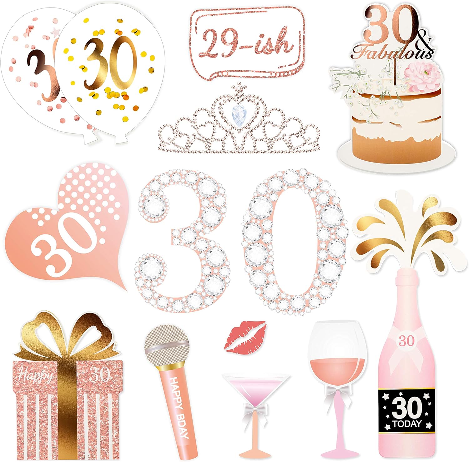 Rose Gold 30th Birthday Photo Booth Props Kit 32 Count