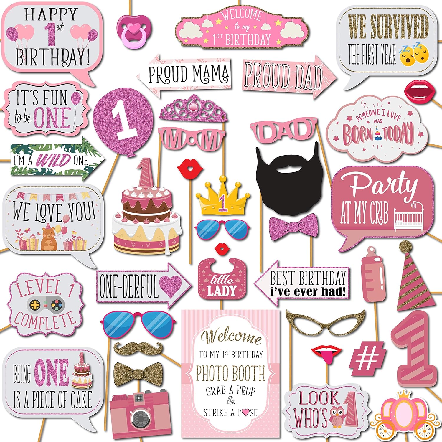 1st Birthday Photo Booth Props - 41 Piece Kit with Sign Sticks Adhesive Pads