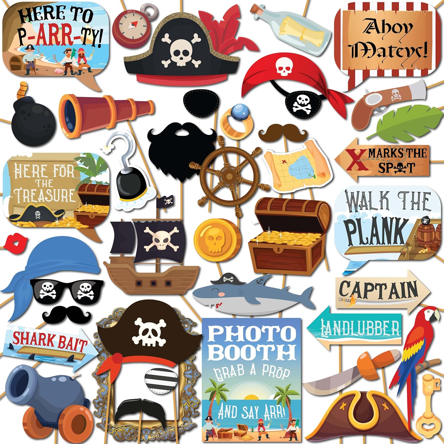 Pirate Photo Booth Props - 41pc Kit with Sign Sticks and Adhesive Pads