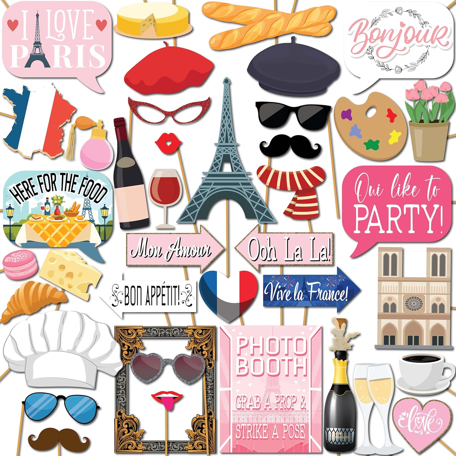 Paris Photo Booth Props 41-Pc Kit with Sign Sticks and Adhesive Pads