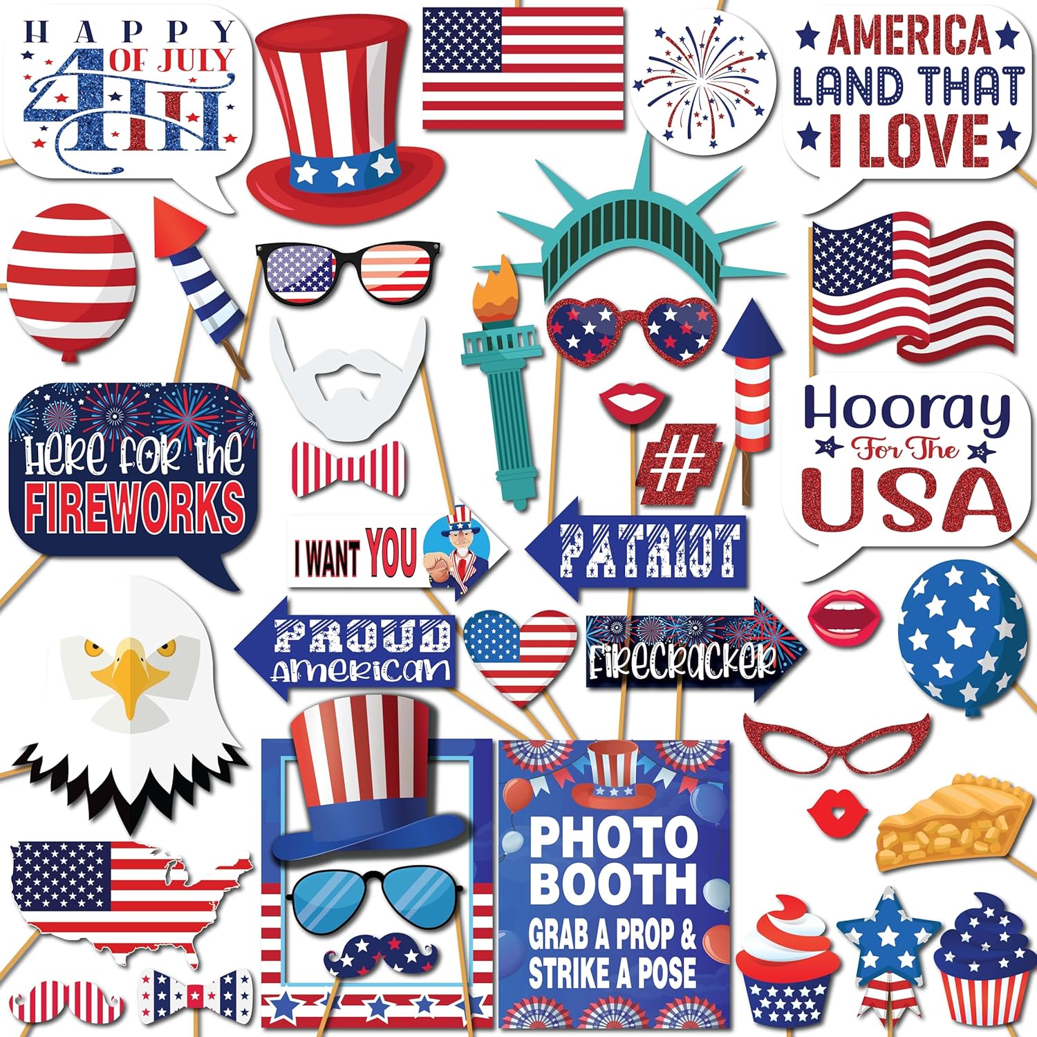 4th of July Photo Booth Props - 41pc Patriotic Party Decor Kit