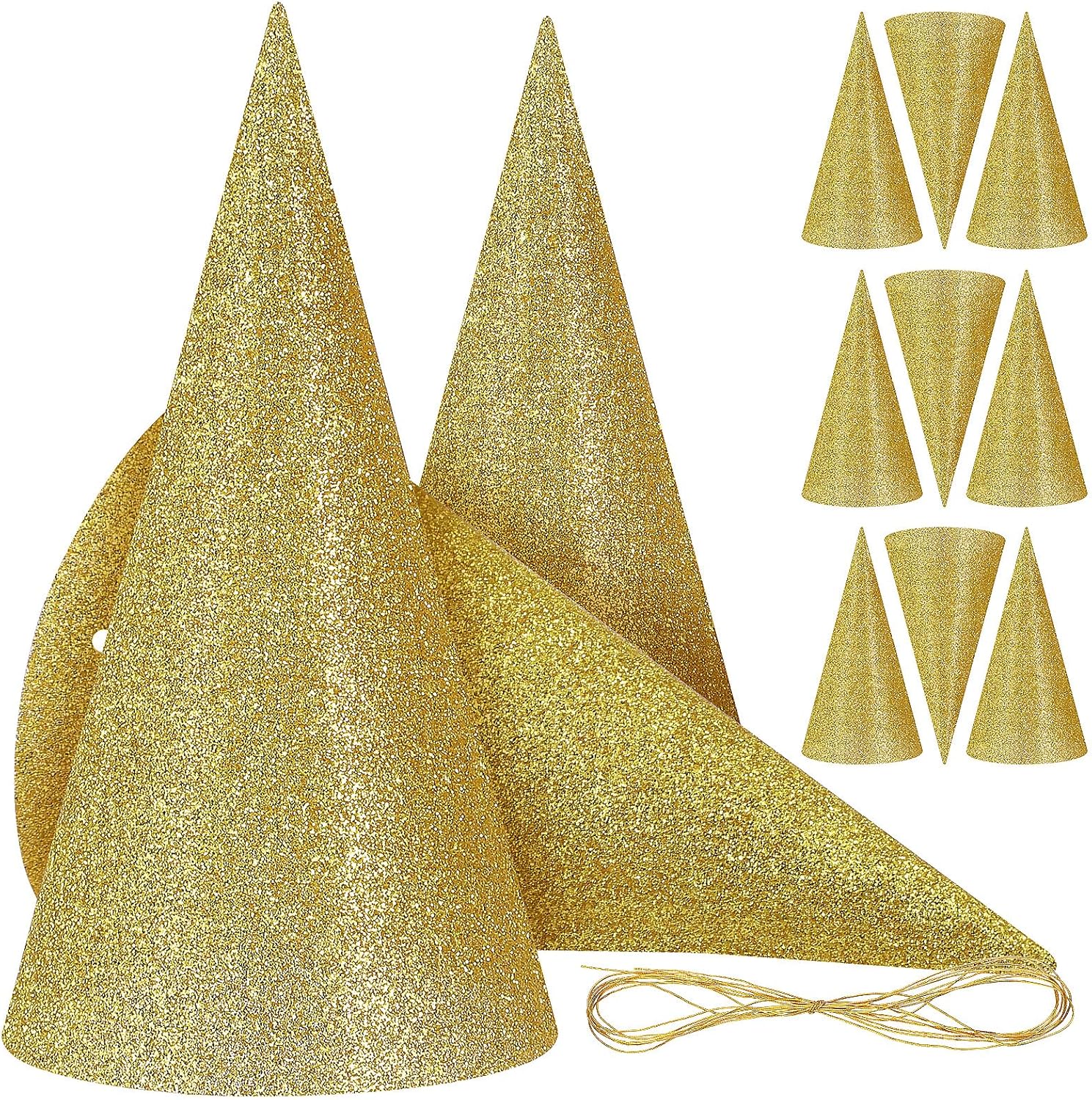 12 Pcs Cone Glitter Birthday Hats with Gold Ropes