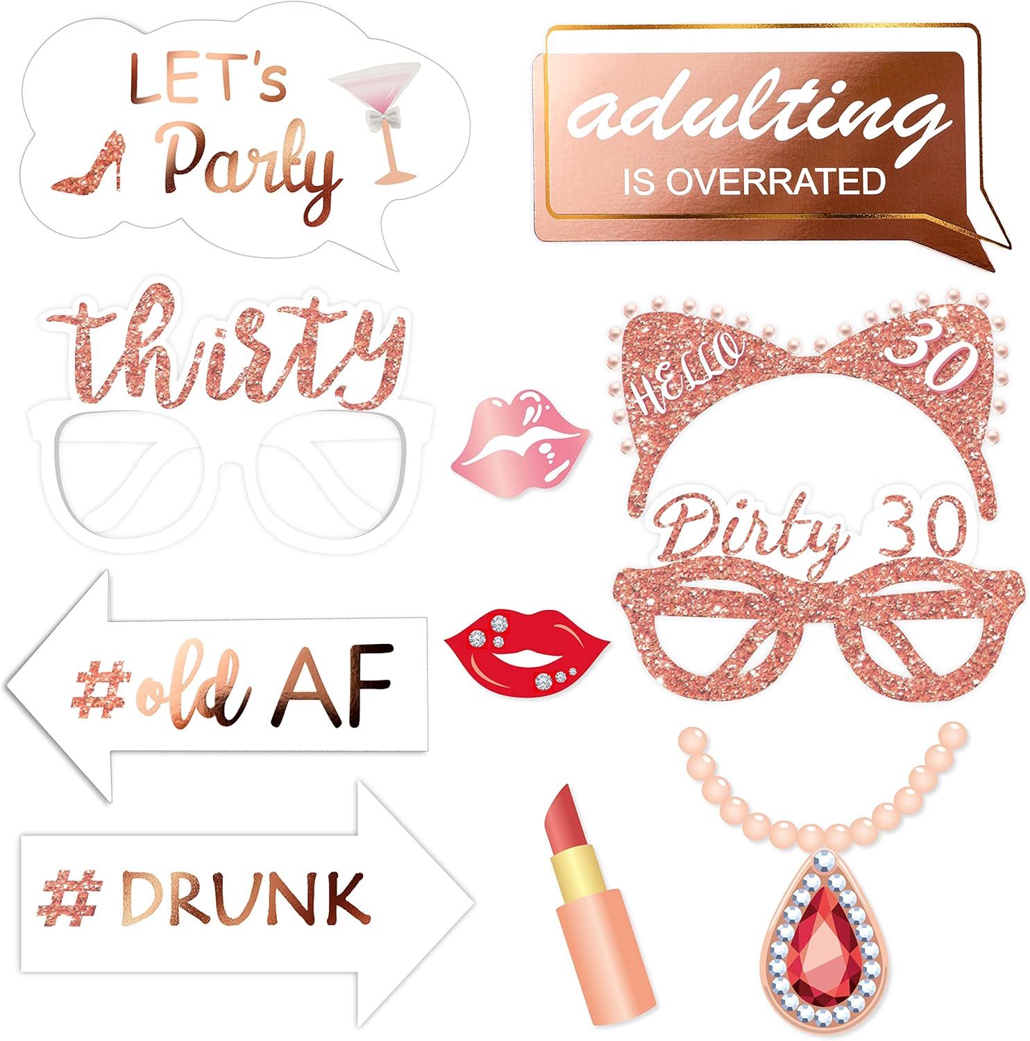 Rose Gold 30th Birthday Photo Booth Props Kit 32 Count