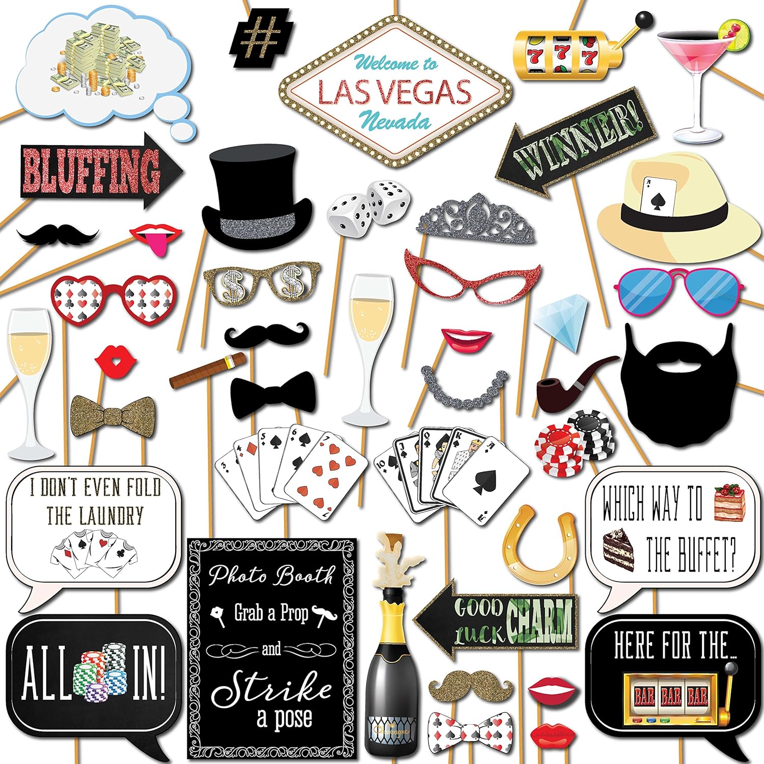 Casino Party Photo Booth Props Set - 41 Piece with Sign and Sticks