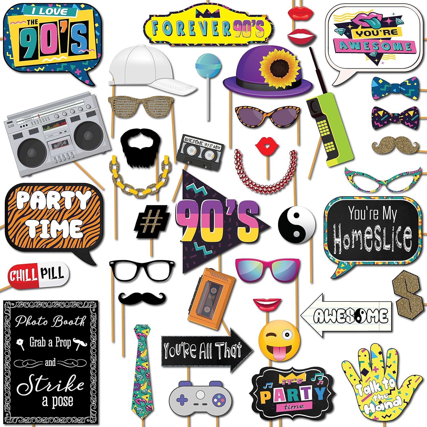 90s Photo Booth Props 41-Piece Fun Selfie Kit