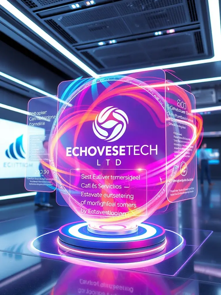 An engaging holographic display showcasing ECHOVERSETECH LTD's logo and services in a dynamic 3D space, highlighting their expertise in holographic branding solutions.