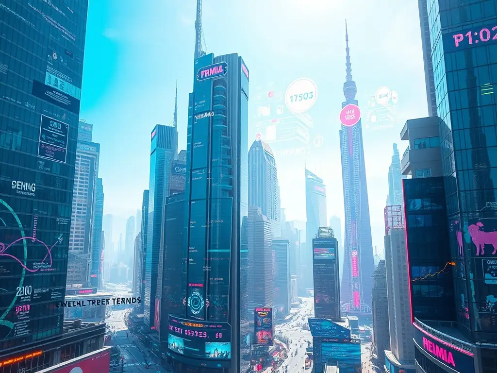 A futuristic cityscape with holographic brand logos floating among the buildings, symbolizing spatial computing integration.