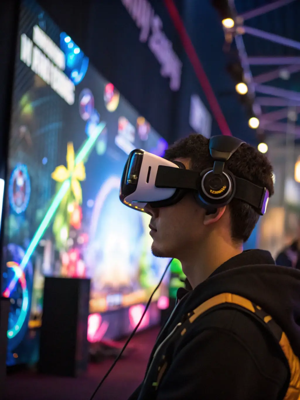A user interacting with a spatial computing interface designed by ECHOVERSETECH LTD, exploring a virtual environment and engaging with branded content.