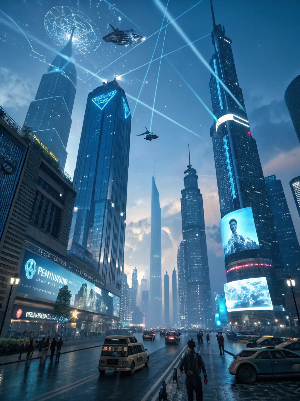 A futuristic cityscape with holographic advertisements and spatial computing interfaces, showcasing ECHOVERSETECH LTD's vision for the future of digital branding.