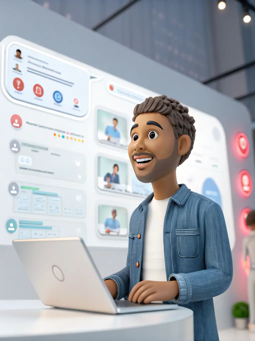 A friendly AI avatar designed by ECHOVERSETECH LTD engaging with users in a virtual setting, providing personalized assistance and enhancing customer engagement.